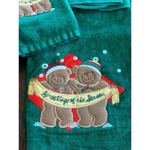 Holiday Bathworks Cotton Christmas Towel Set With Embroidered Teddy Bears & "Gre - Picture 2 of 5